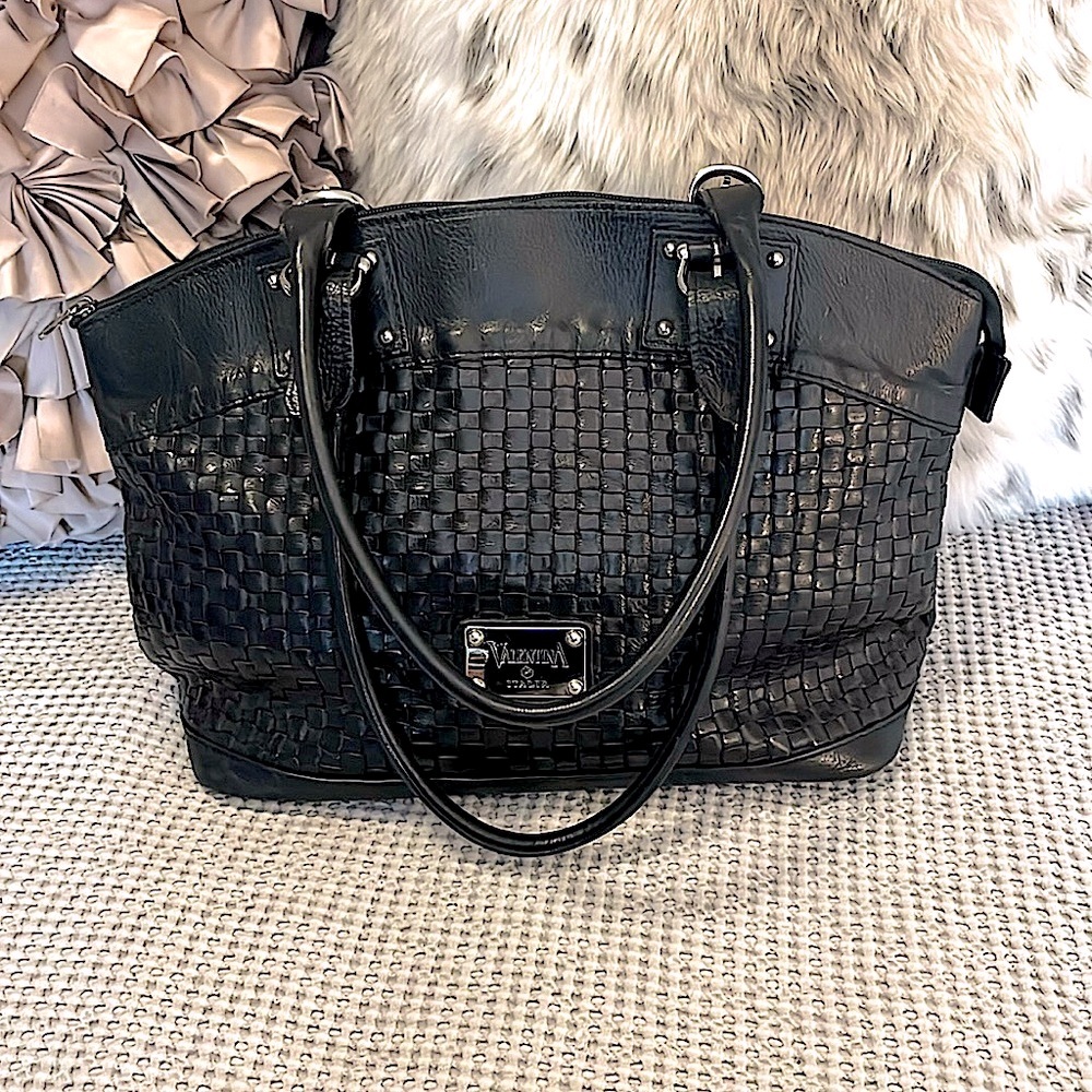 Valentina Italia Black Woven Leather Two Handle Zipper Laptop Tote Bag Purse - Picture 15 of 16